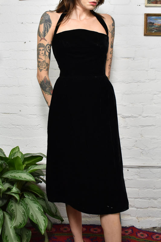 Vintage 50's Black Velvet Halter Cocktail Dress