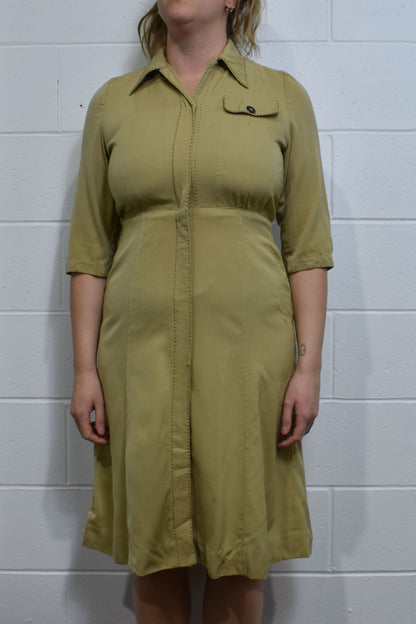 Vintage 1940's Beige Rayon Shirt Dress