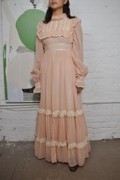 Vintage 1970's "Gunne Sax" Baby Pink Peasant Dress