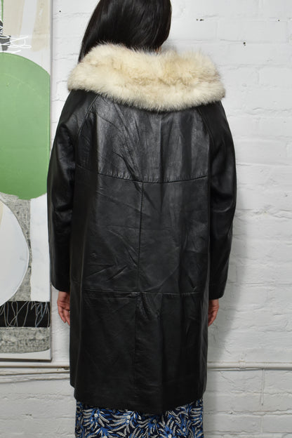 Vintage 1960's Black Fur Collar Leather Trench