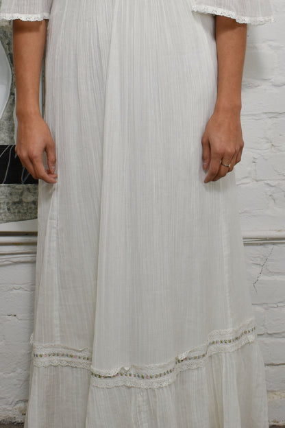 Vintage 1970's "Jack Kramer" Pleated White Peasant Dress