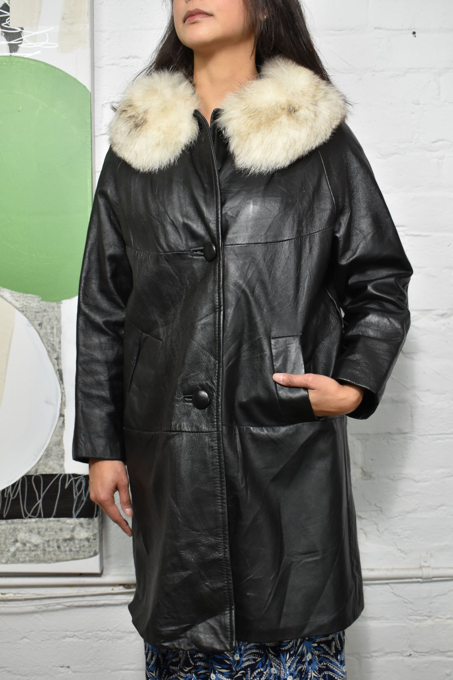 Vintage 1960's Black Fur Collar Leather Trench