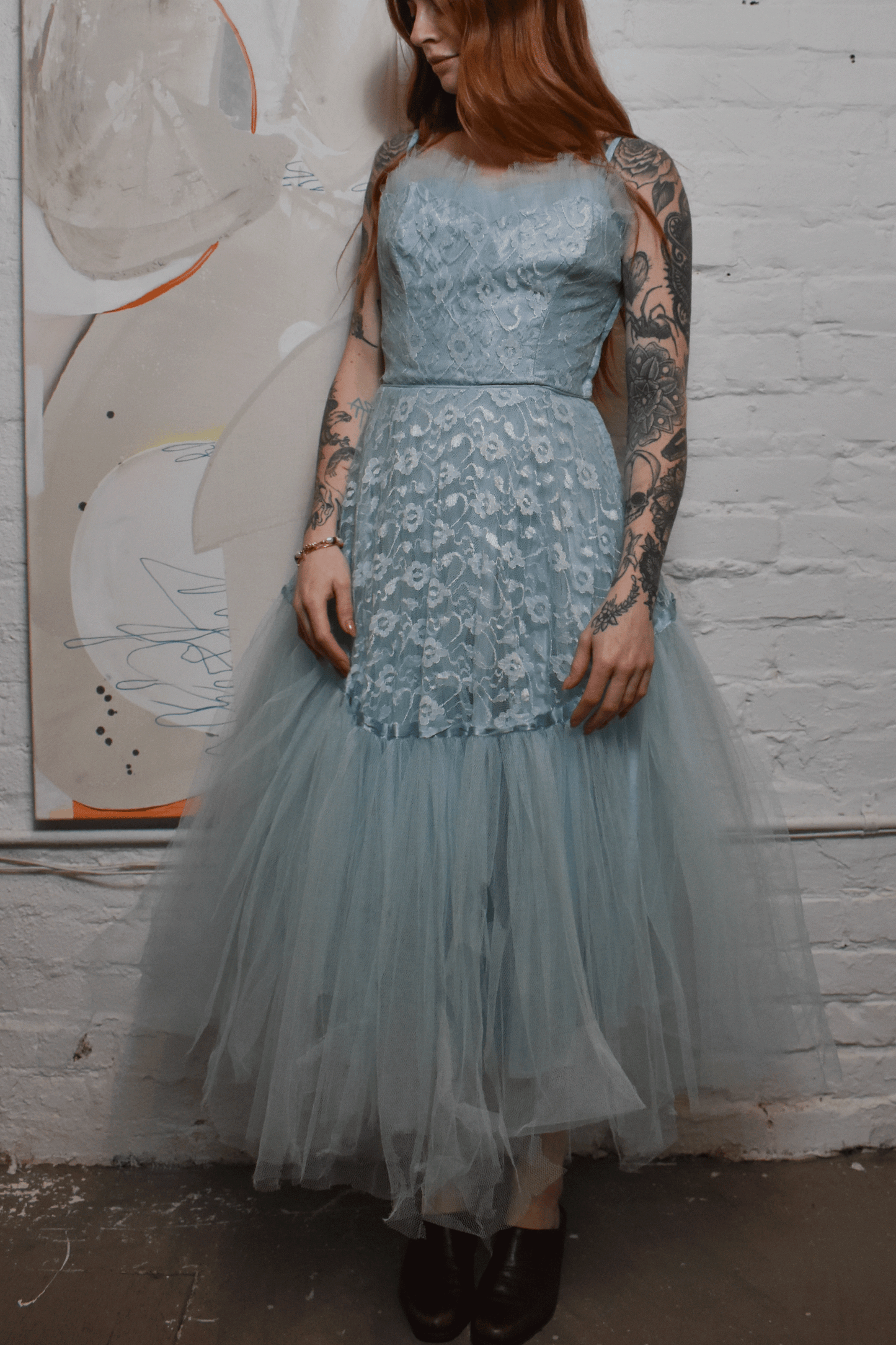 Vintage 1950s Baby Blue Tulle Lace Dress