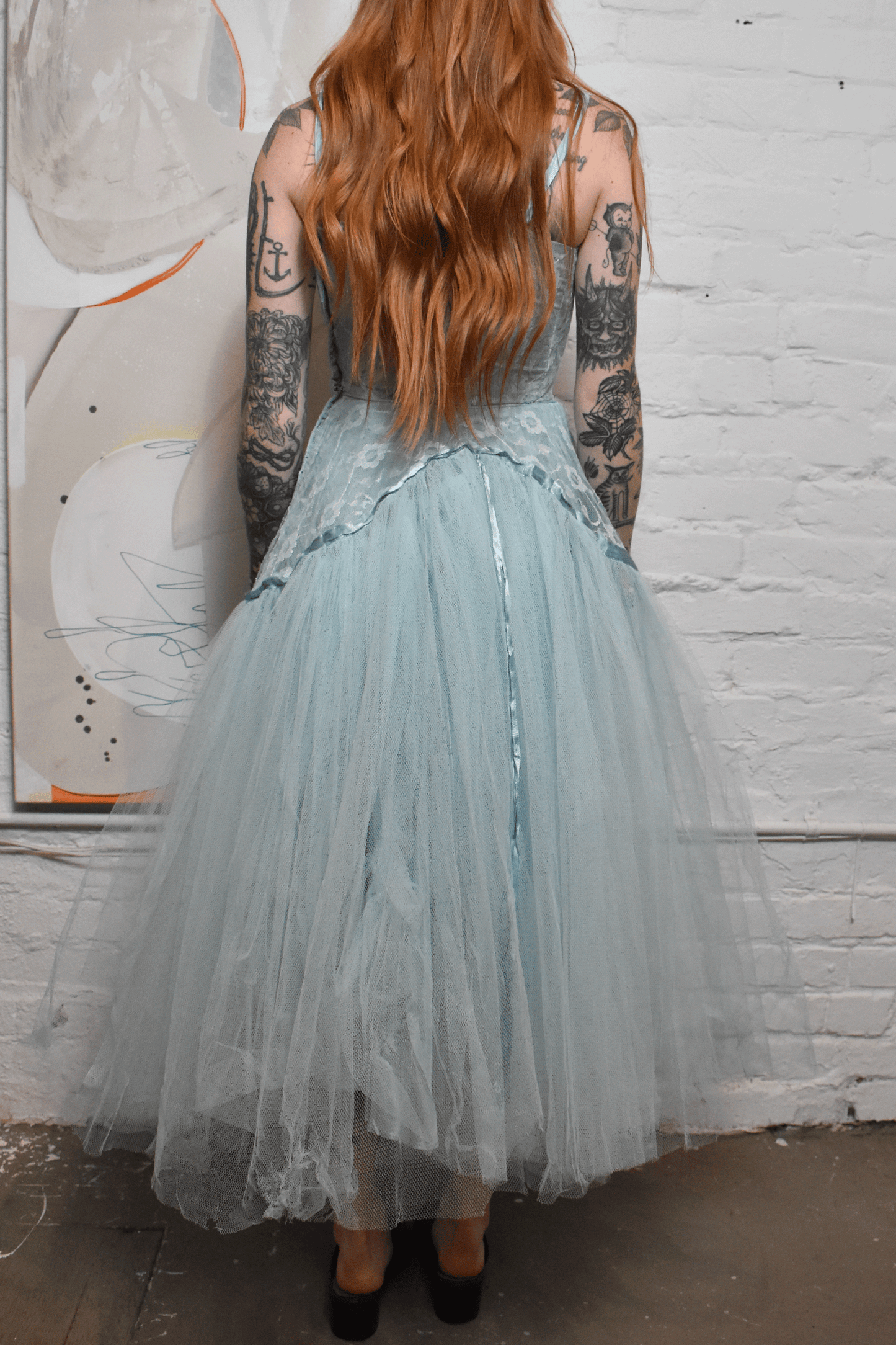Vintage 1950s Baby Blue Tulle Lace Dress