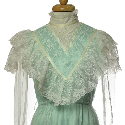 Vintage 70s Gunne Sax Style White Victorian Lace Prairie Country Elastic Waist Dress