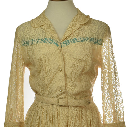 Vintage 50s Beige Lace Over Union Label Falcon Metal Zipper Pleated Dress