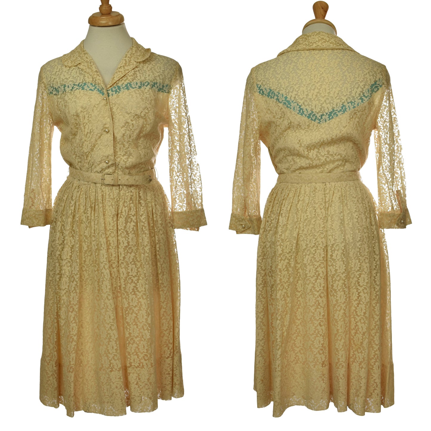 Vintage 50s Beige Lace Over Union Label Falcon Metal Zipper Pleated Dress