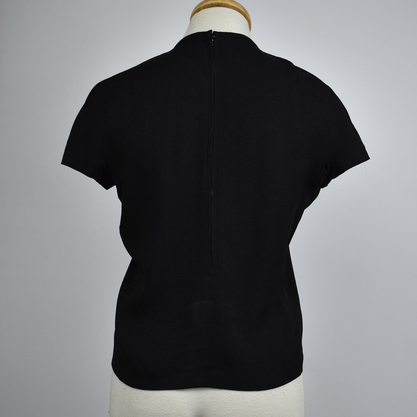 Vintage 50s Semi Sheer Black Blouse with Subtle Sparkles, Cap Sleeves, Jewel Neckline with 3/4 Back Talon Zipper