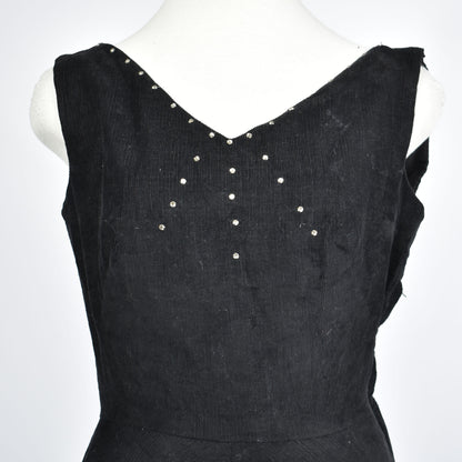 Vintage 1950's Black Corduroy A-Line Sleeveless V-Neck Dress with Beautiful Gemstone Detailing