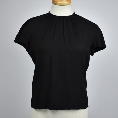 Vintage 50s Semi Sheer Black Blouse with Subtle Sparkles, Cap Sleeves, Jewel Neckline with 3/4 Back Talon Zipper