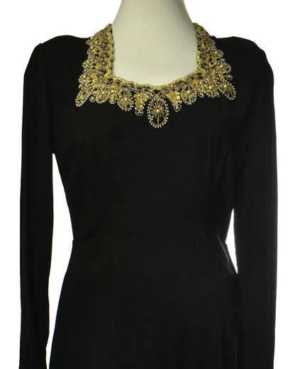 Vintage 40s Beautiful Beaded Collar Black Long Sleeve Cocktail Dress