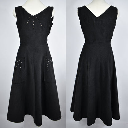 Vintage 1950's Black Corduroy A-Line Sleeveless V-Neck Dress with Beautiful Gemstone Detailing