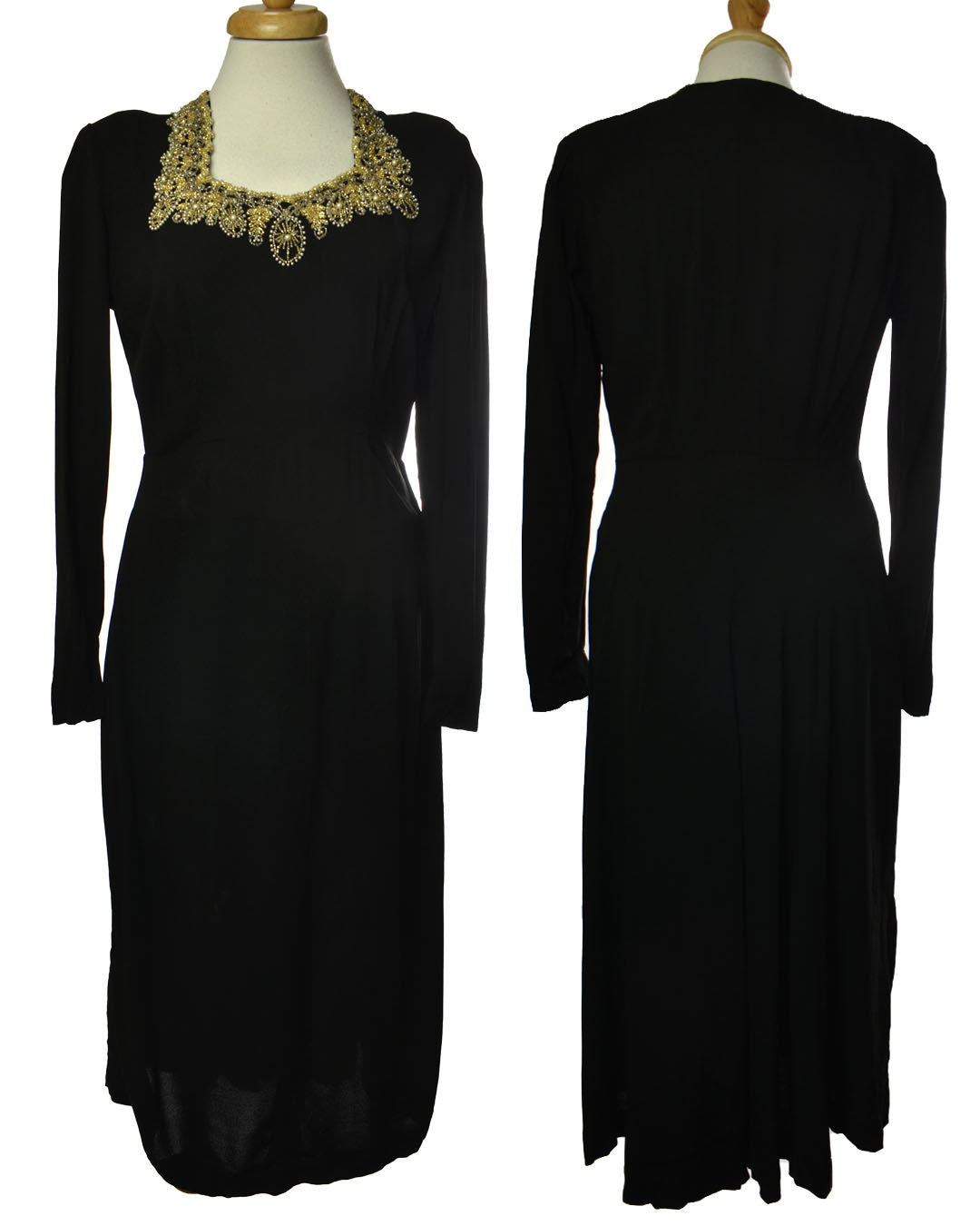 Vintage 40s Beautiful Beaded Collar Black Long Sleeve Cocktail Dress