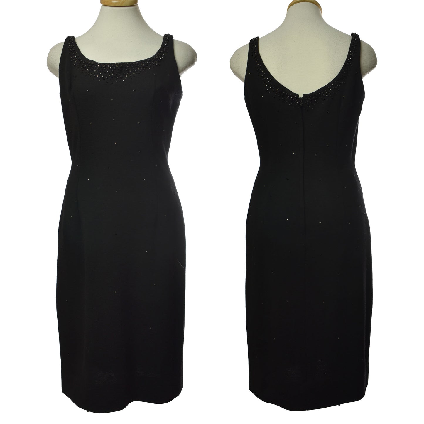 Vintage 50s Union Made Wool Sleeveless Black Zipperback Dress with Black Stud and Crystal Detail
