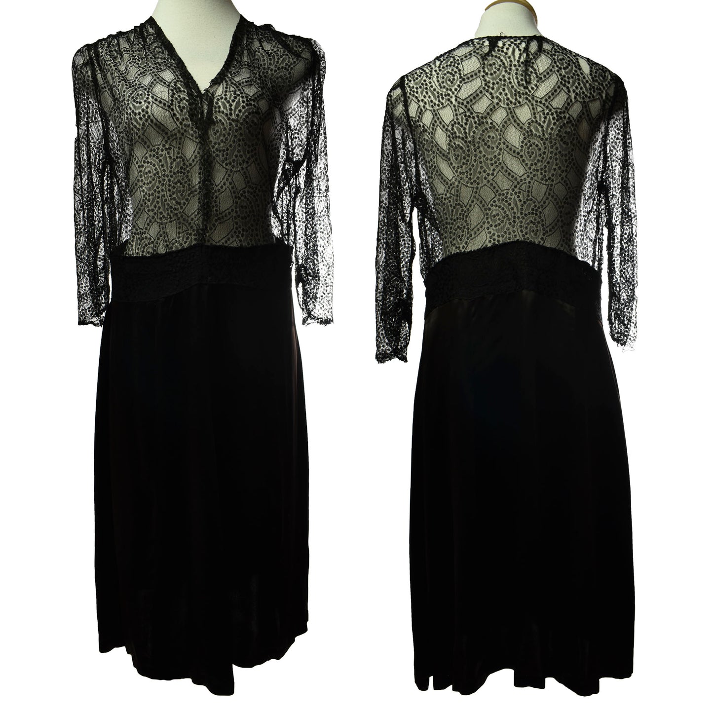 Vintage 30s Hand Made Black Liquid Lace and Satin Dress