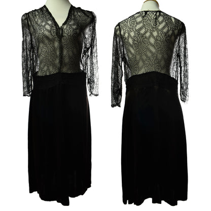 Vintage 30s Hand Made Black Liquid Lace and Satin Dress