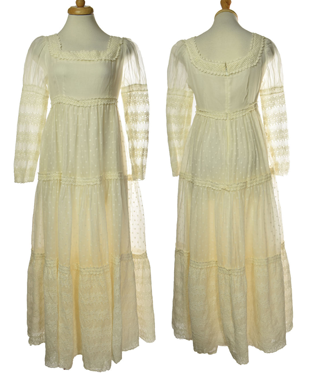 Vintage 60s / 70s Crochet Sheer Long Sleeve Gown Dress Prairie Core