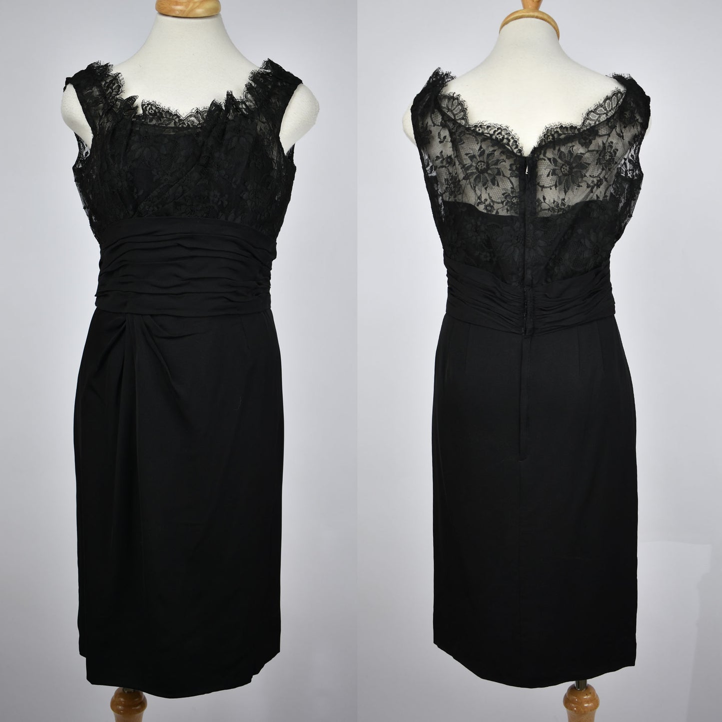 Vintage 50s / 60s  Ceil Chapman Cocktail Dress - Ruched Lace Over Strapless Black Bodice
