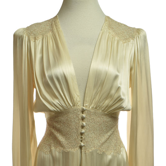 Vintage 70s Satin Cream Cuffed Long Sleeve Gown With Plunging Neckline, Cinched Lace Waistband with Self-Covered Satin Buttons and Lace Details