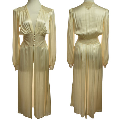 Vintage 70s Satin Cream Cuffed Long Sleeve Gown With Plunging Neckline, Cinched Lace Waistband with Self-Covered Satin Buttons and Lace Details