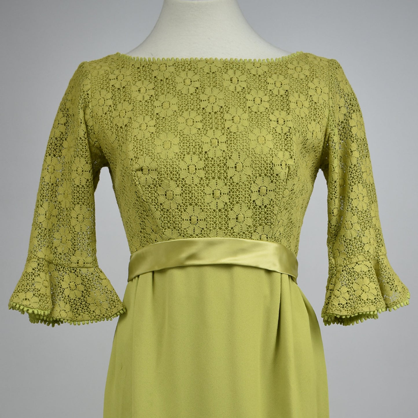 Vintage Chartreuse Green Cotton Lace Dress, Circular Flounce 3/4 Length Sleeves, Satin Waistband and Empress Waist