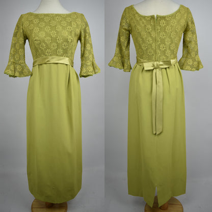 Vintage Chartreuse Green Cotton Lace Dress, Circular Flounce 3/4 Length Sleeves, Satin Waistband and Empress Waist