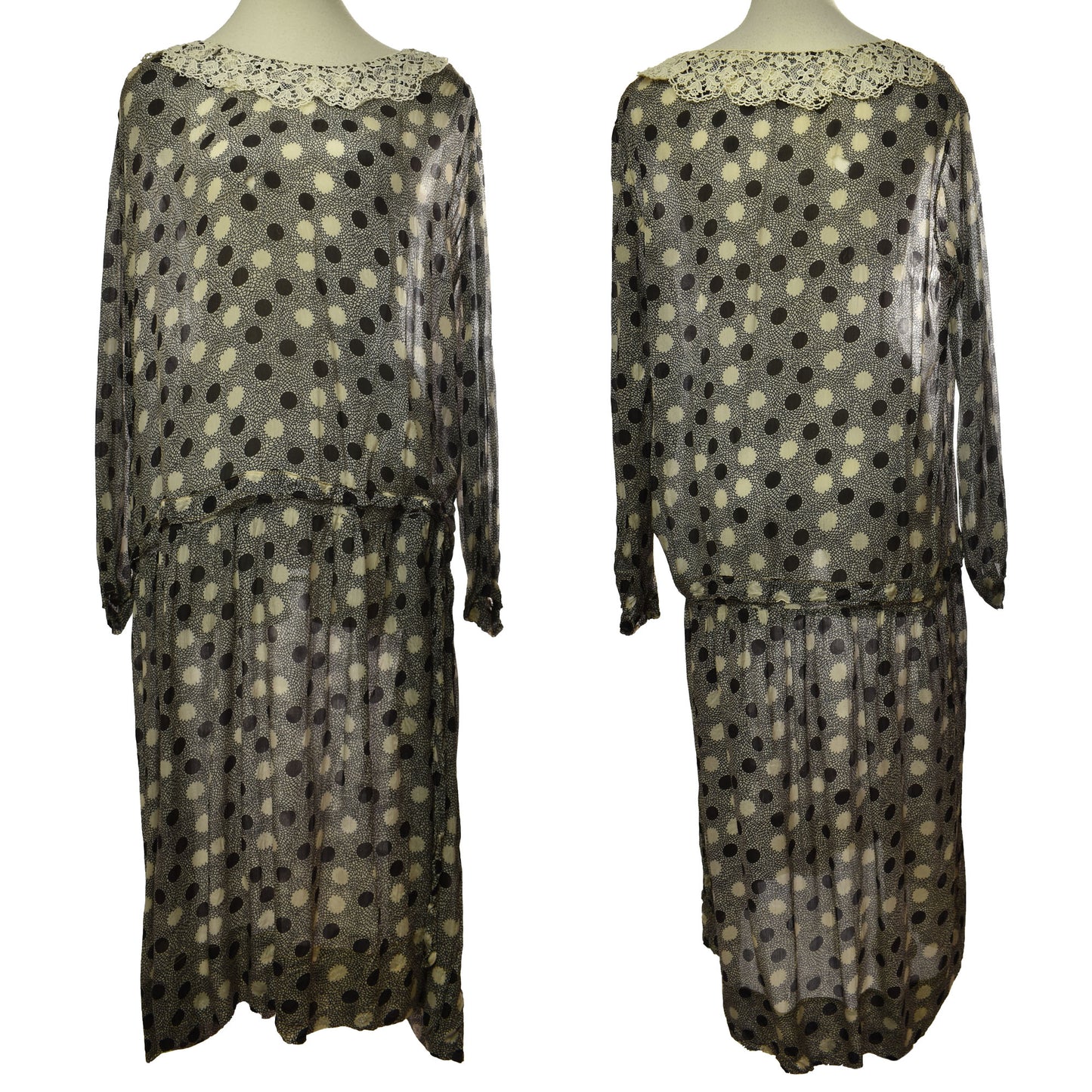 Vintage  1920's Floral & Dot Pattern Lace Neck Drop Waist Dress