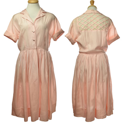 Vintage 50s Baby Pink Button Up Dress with Sheer Back Panel & Criss Cross Detail