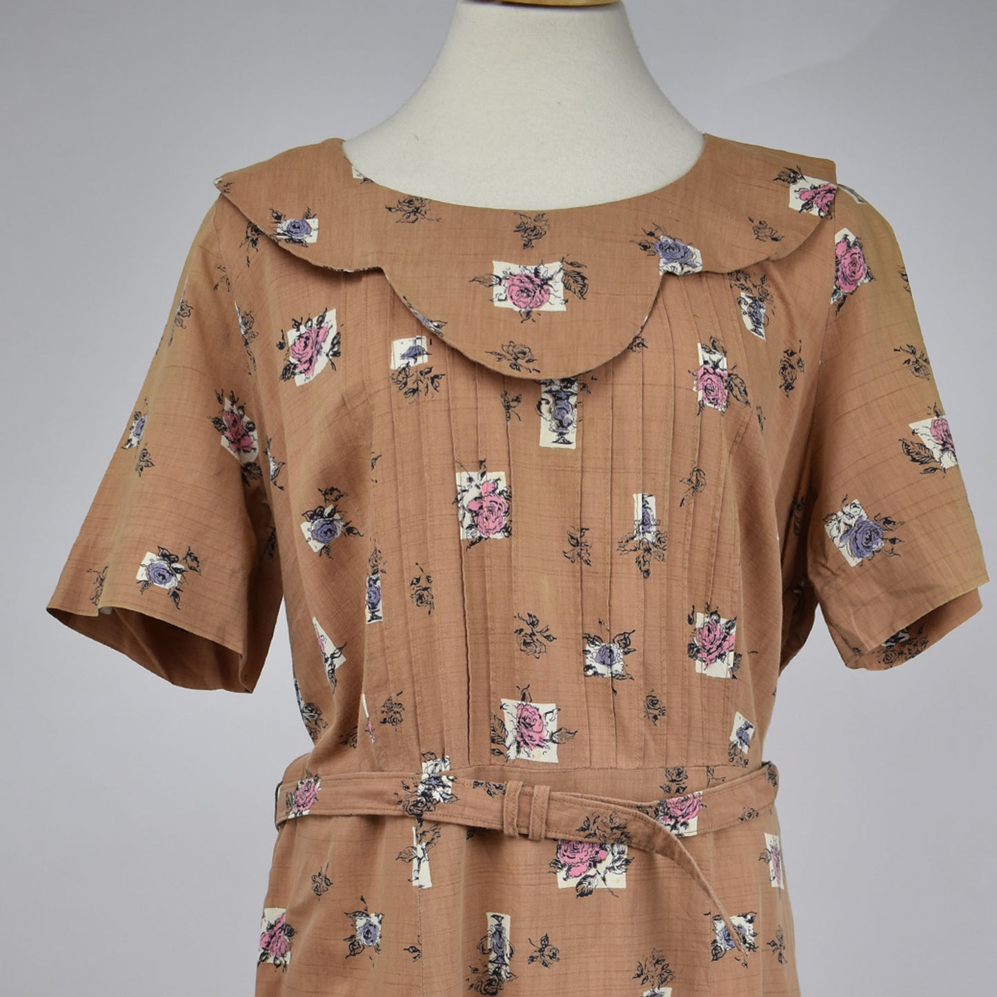 Vintage Unique Bib Collared Brown Floral Dress with Belted Waist and Front Pleats