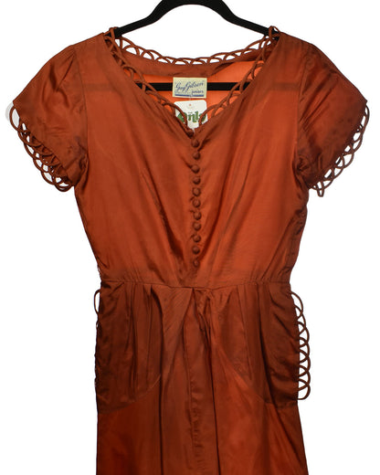 Vintage 40s Gay Gibson Juniors Burnt Orange Coloured Satin Dress - Beautiful Loop Detail