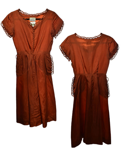 Vintage 40s Gay Gibson Juniors Burnt Orange Coloured Satin Dress - Beautiful Loop Detail