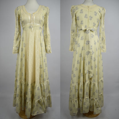 Vintage 70s Gunne Sax by Jessica Lace Trimmed Blue and Ivory Floral Pattern Long Dress