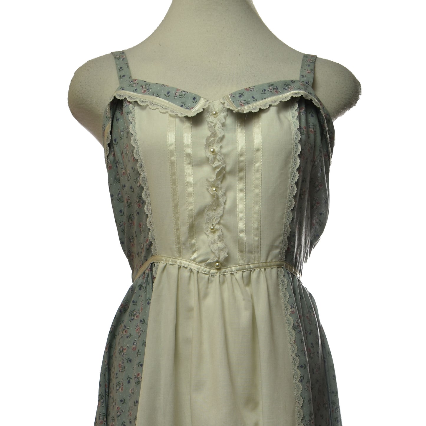 Vintage 1970's Light Blue Floral Print Gunne Sax by Jessica Sleeveless Prairie Style Dress with Lace Detailing
