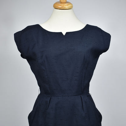 Vintage 1950's Navy Blue Linen Henry Rosenfeld Drop Shoulder Pegged Dress