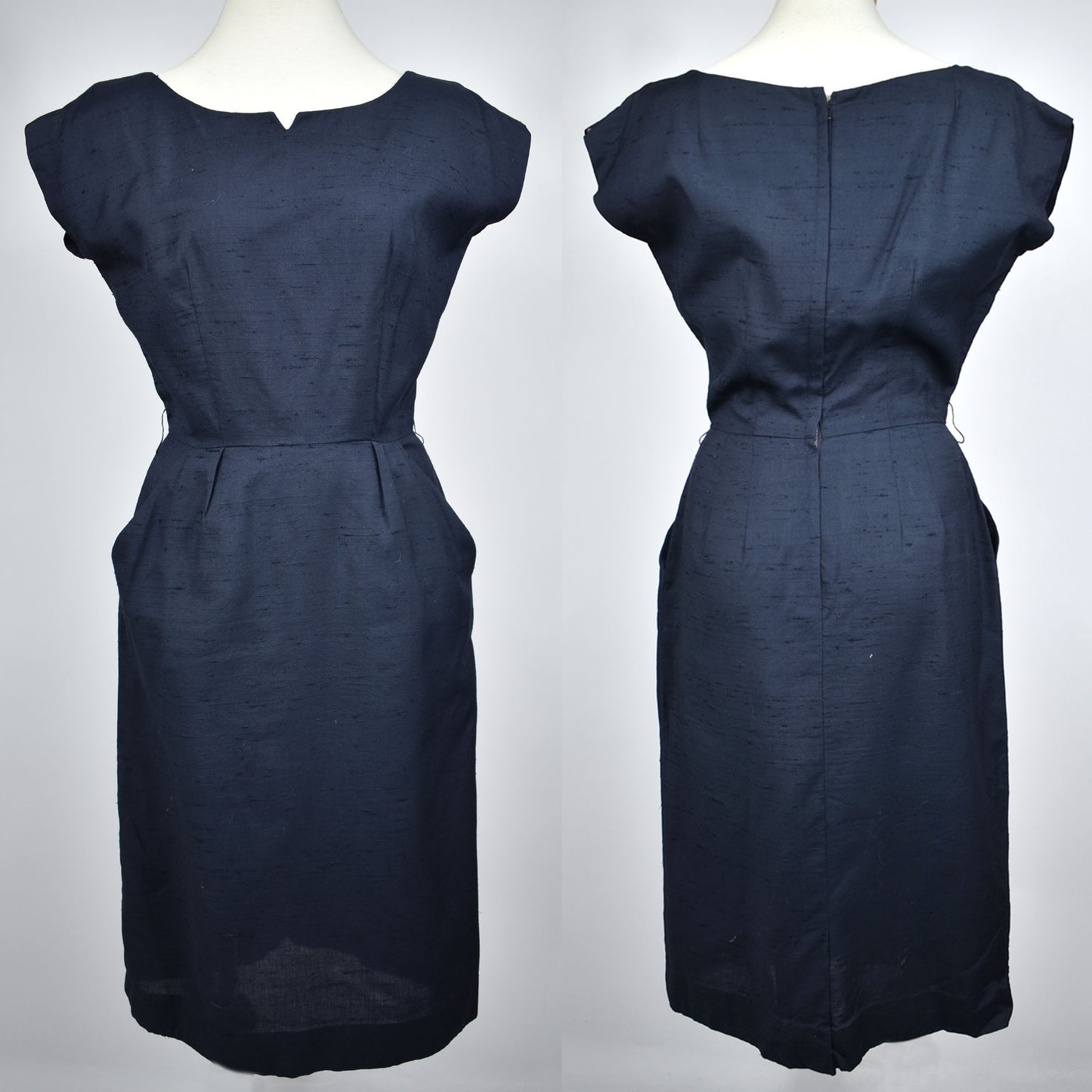Vintage 1950's Navy Blue Linen Henry Rosenfeld Drop Shoulder Pegged Dress