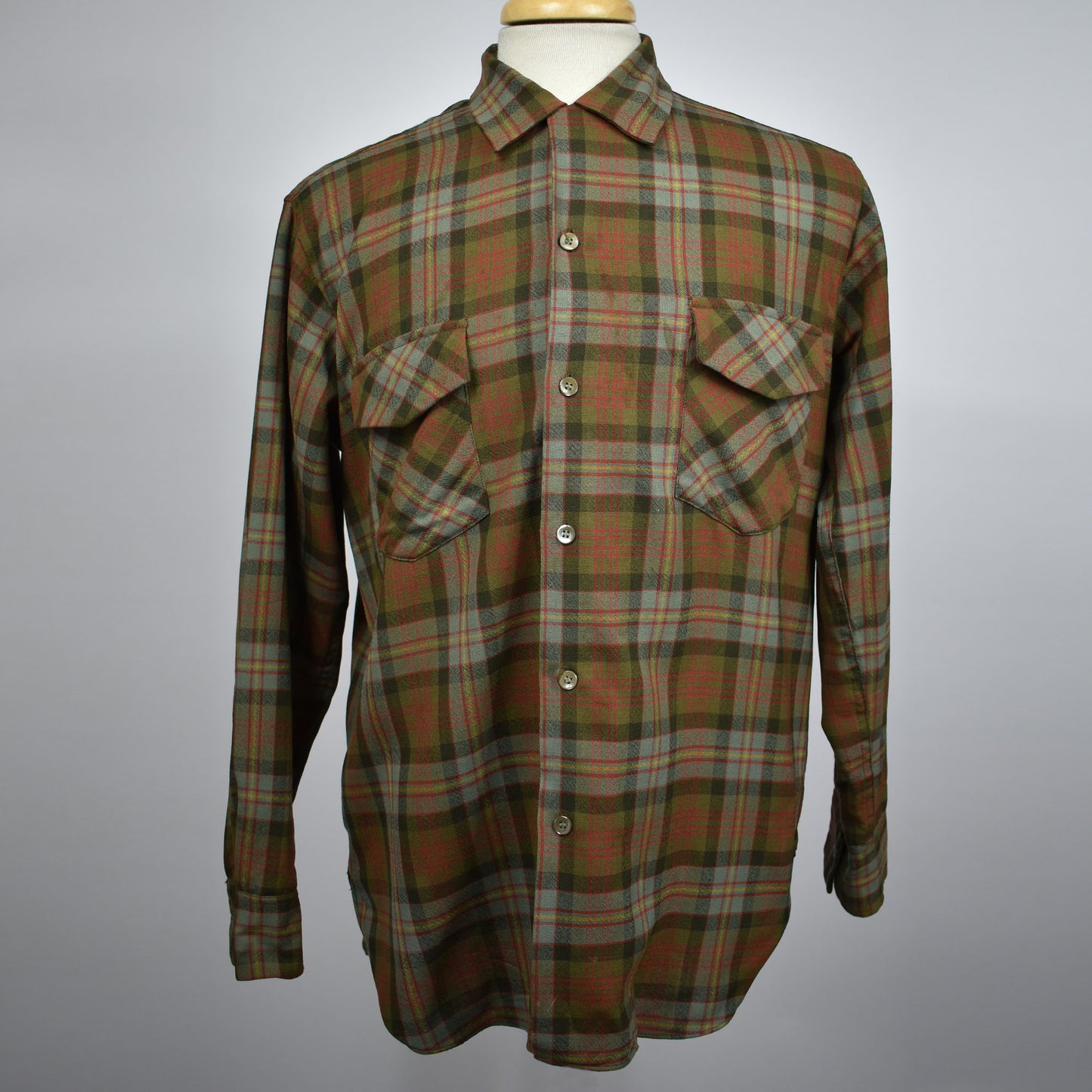 Vintage 50s Hudson Bay Loop Collar Plaid Wool Long Sleeve Shirt Men's Size M