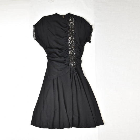 Vintage 40s Rayon Black Dress - Tie Back - Sequin Stripe - Draped Front