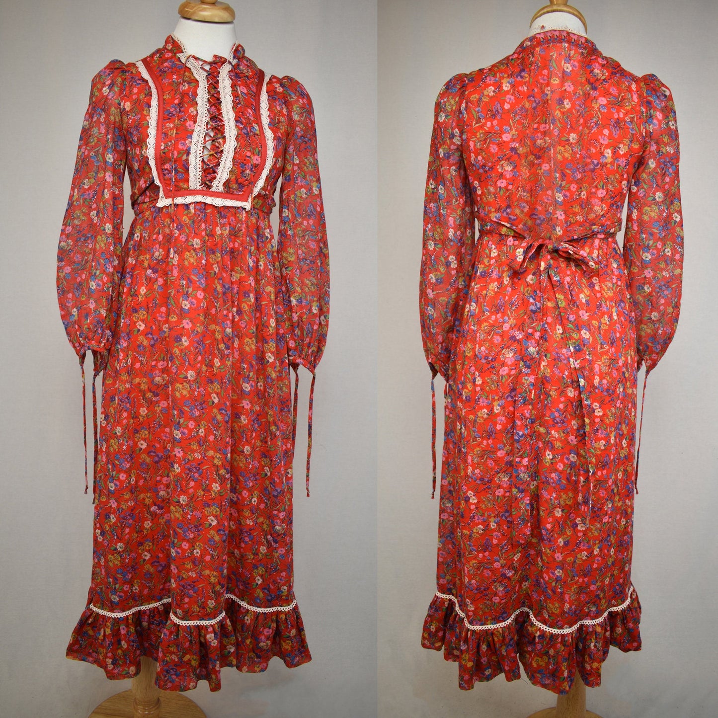 Vintage 70s Gunne Sax Style Dress by Candi Jones California - Red Calico Floral - Prairiecore - Sexy or Prim Neckline - You Decide