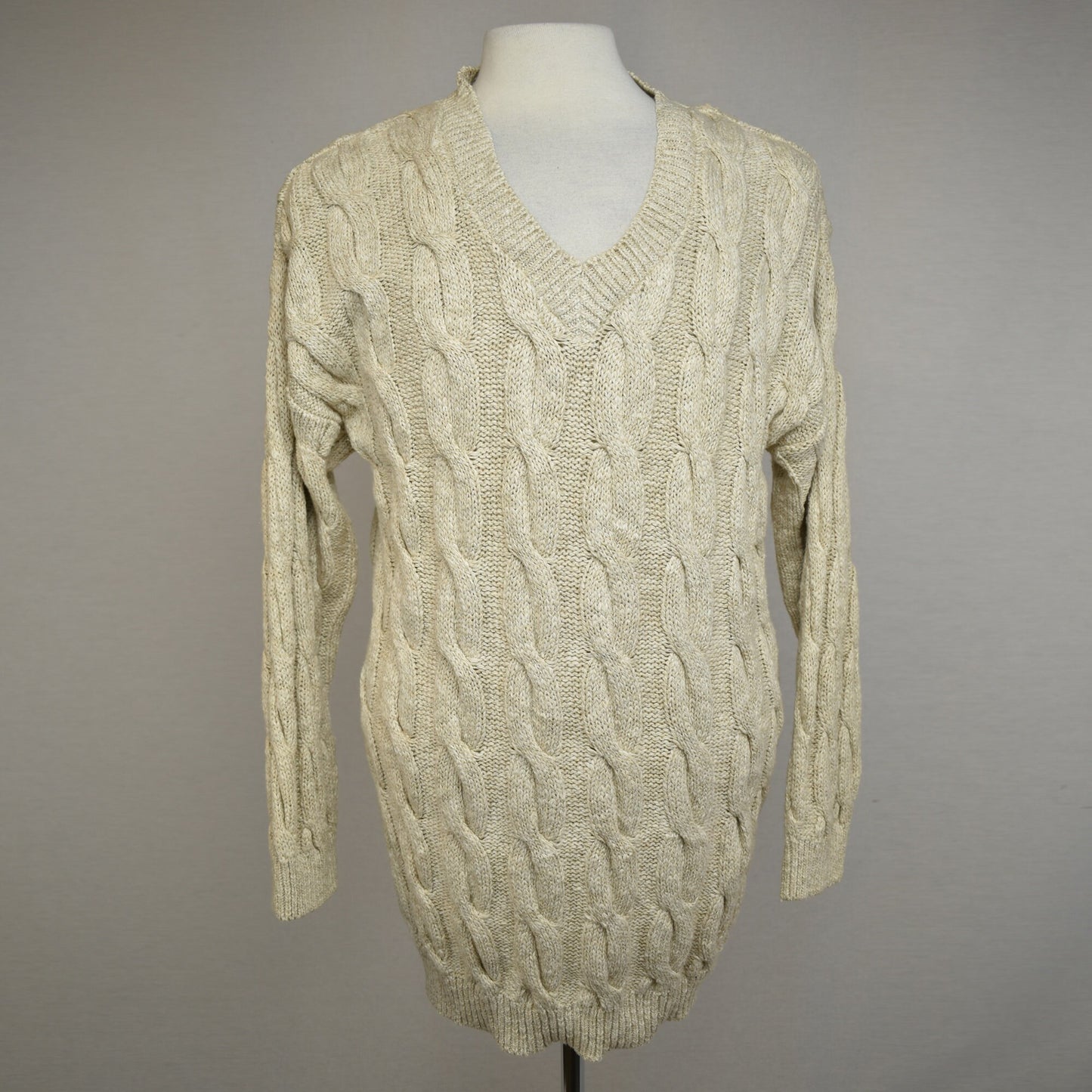 Vintage 90s Long Cable Knit Sweater - Oatmeal Melange Knit - Deep V Neck - Fisherman Aran Irish - Moda Int'l - Made in USA