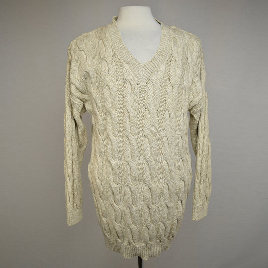 Vintage 90s Long Cable Knit Sweater - Oatmeal Melange Knit - Deep V Neck - Fisherman Aran Irish - Moda Int'l - Made in USA