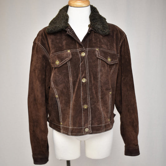Vintage 90s Brown Softest Suede Denim Style Jacket by Liz Claiborne - Removable Faux Fur Collar