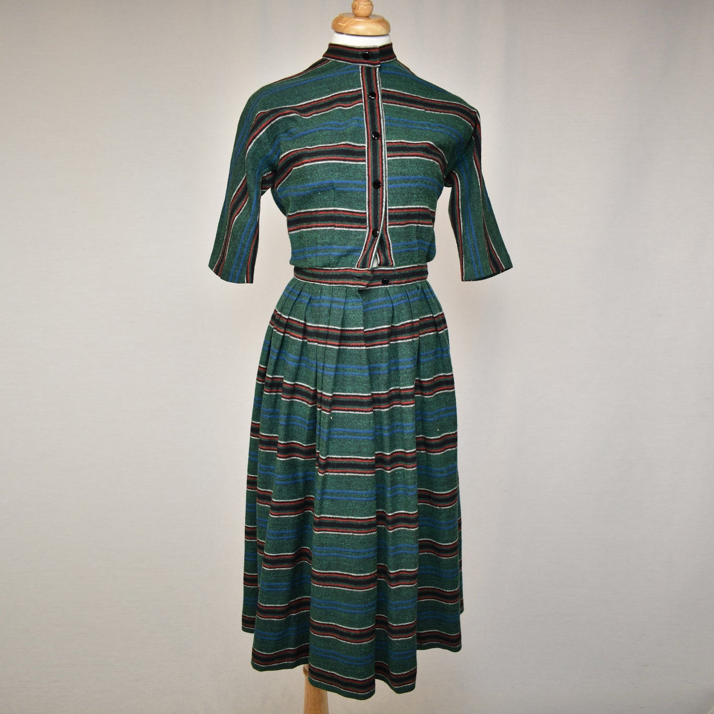 Vintage 50s Striped Knit Dress - Tiny Waist - Full Skirt - Dolman Sleeve - Green Blue Red White & Black - Sacony Brand