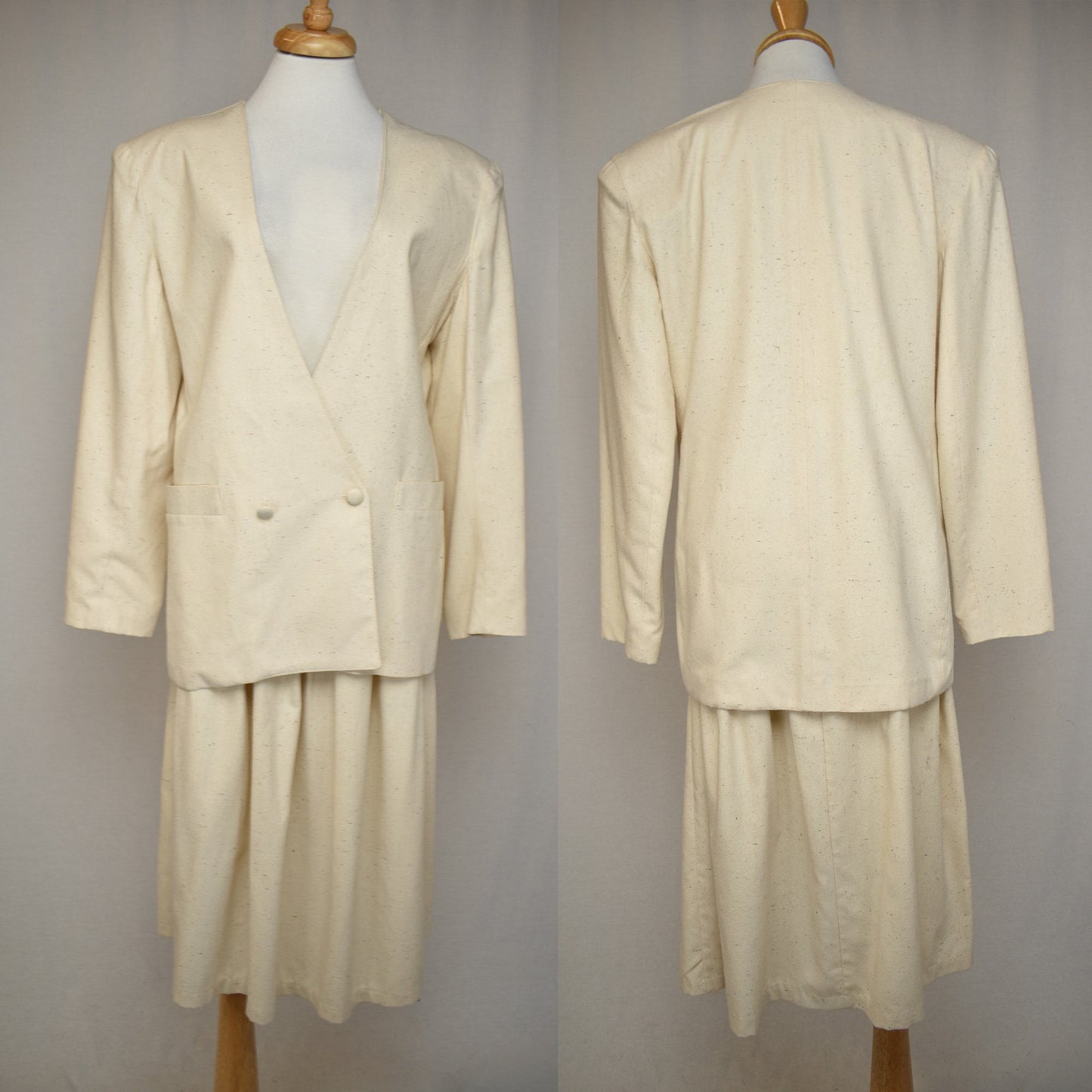 Vintage 80s Raw Silk Three Piece Skirt Suit Set - Collarless Jacket - Full Skirt - Self Belt - Chorus Line Rickie's
