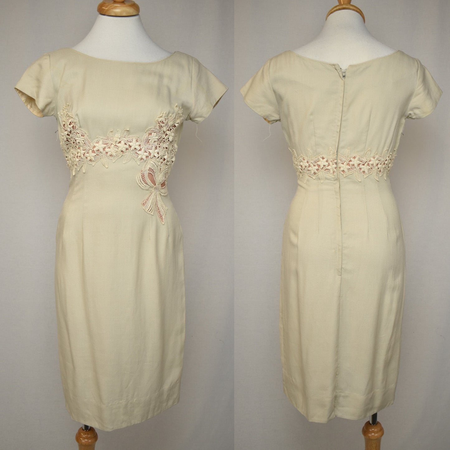 Vintage 50s Cocktail Dress - Beautiful Appliqué Detail on Bust & Waistline - NYNCO Zipper - Wiggle Slim Fit