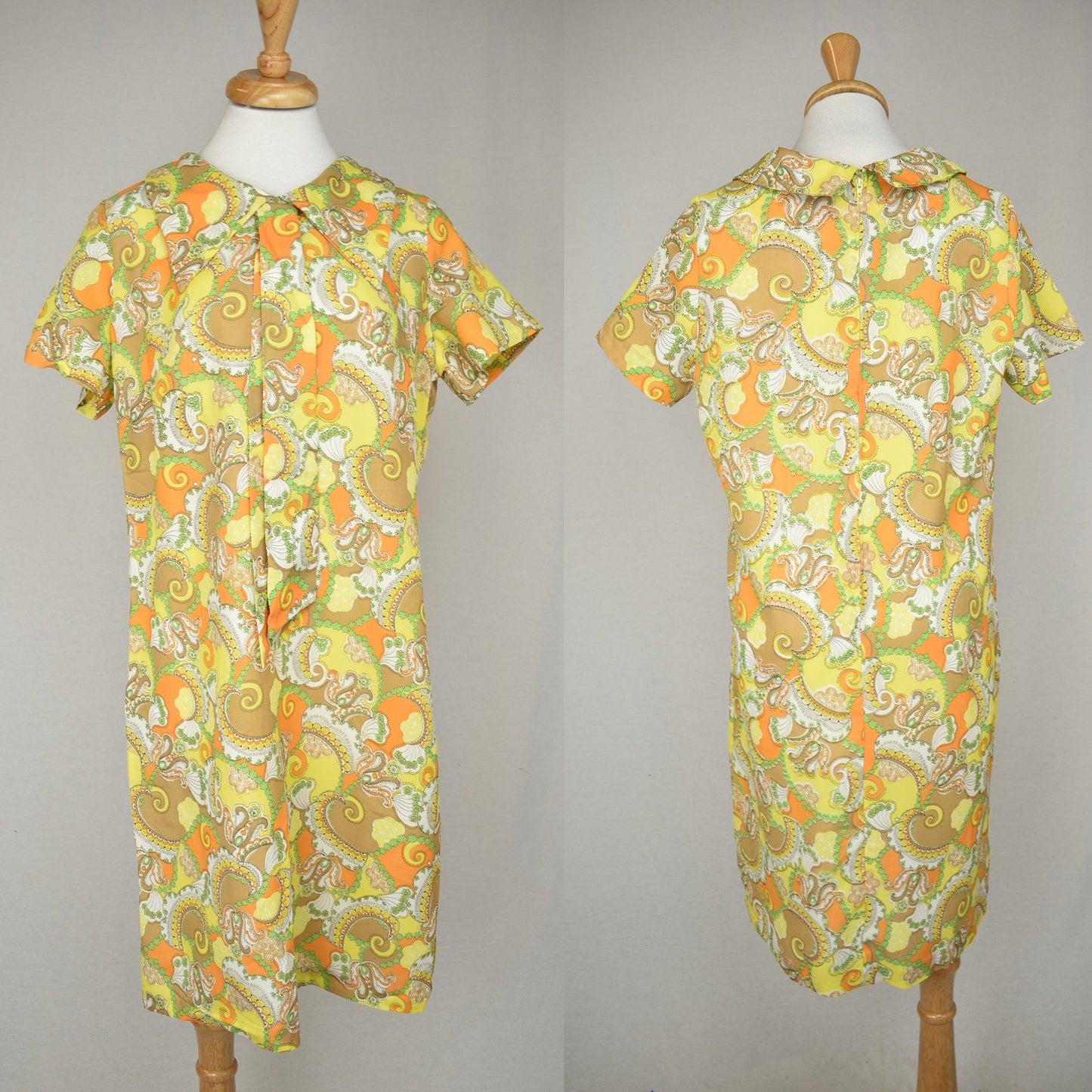 Vintage Swinging 60s Dress - Fun Psychedelic Pattern - Big Collar & Bow