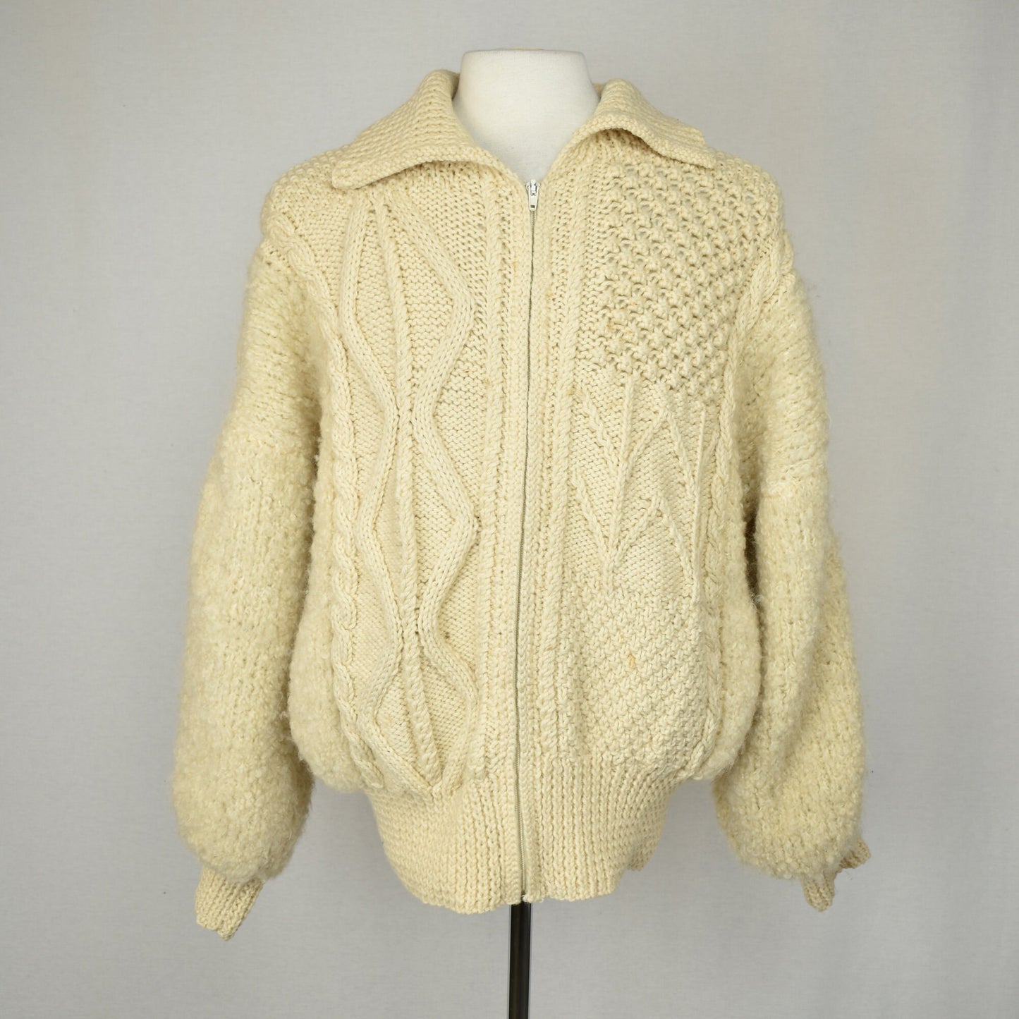 The Perfect Vintage Irish Knit - Fisherman Sweater - Zip Up Aran - Cable Knit with Bouclé Balloon Sleeves - Cottagecore