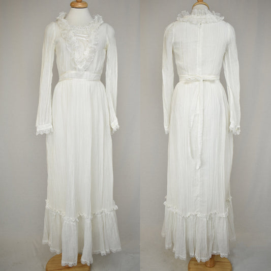 Vintage 70s Gunne Sax Dress - Jessica's Gunnies - Long White Cotton Gauze - Prairiecore