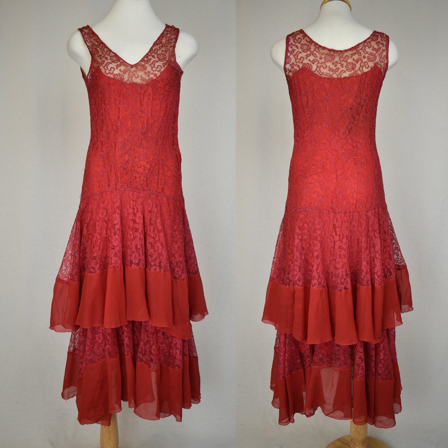 Vintage 1920s Long Tiered Red Lace Dress - Flapper Style - As Is Condition