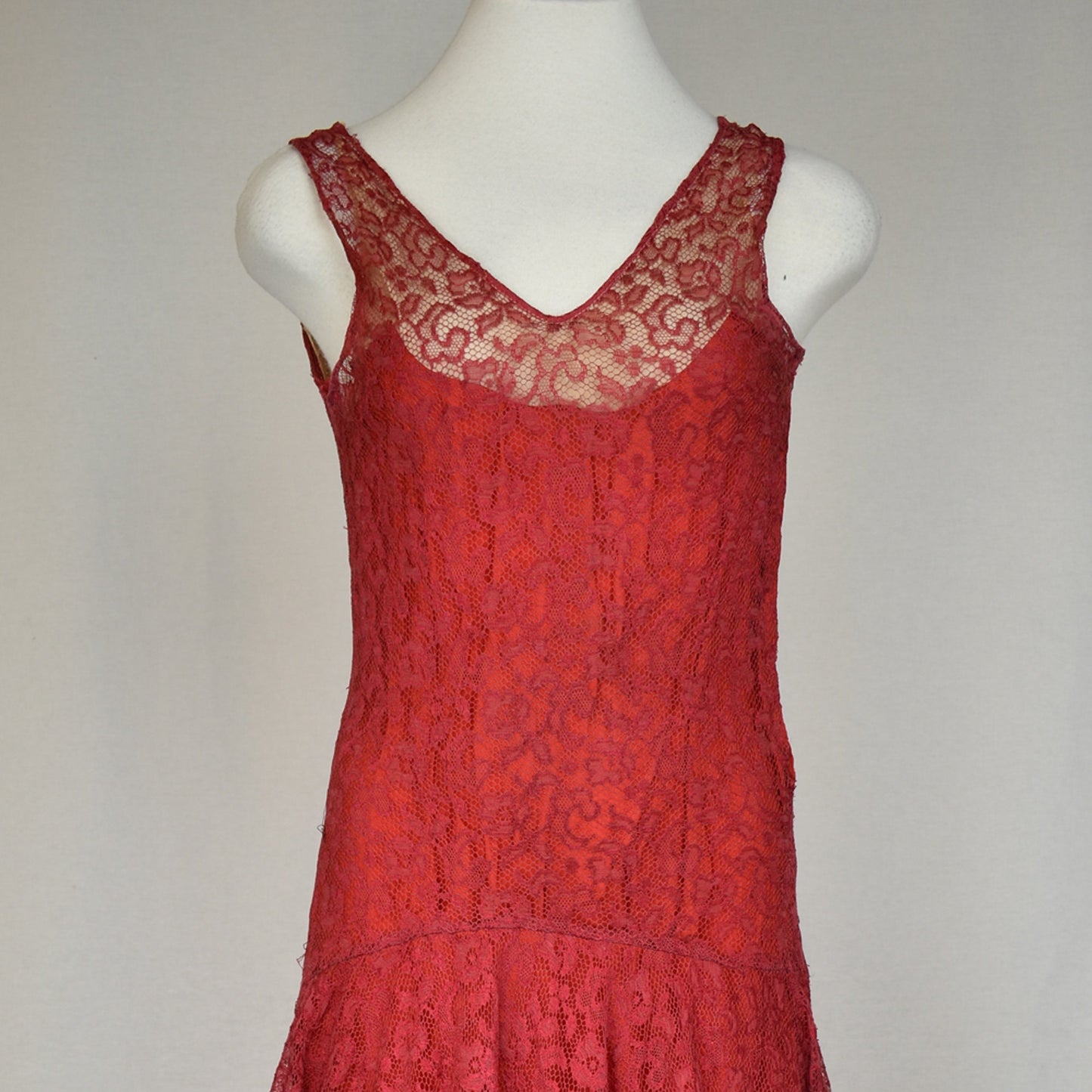 Vintage 1920s Long Tiered Red Lace Dress - Flapper Style - As Is Condition