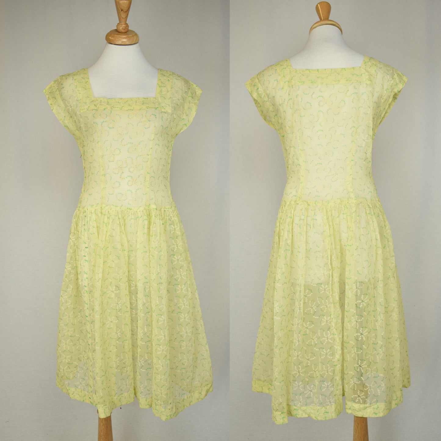 Vintage 50s Sheer Chiffon with Flocked Floral Dress in Lemon Yellow - Side Talon Zip